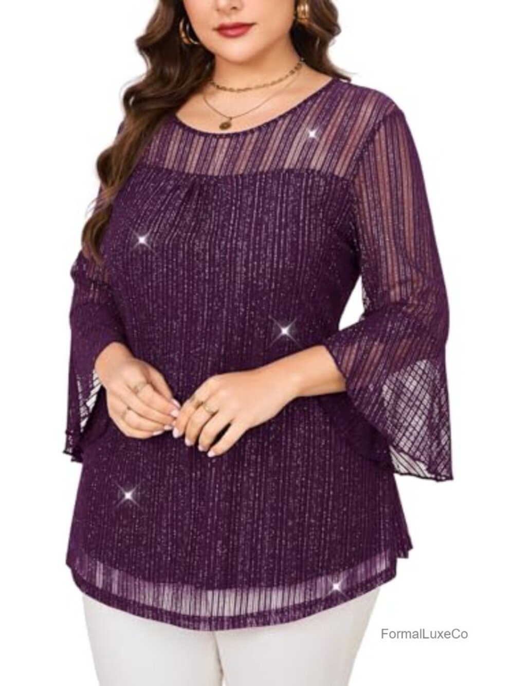 Plus Size Sparkly Mesh Tunic Blouse 3/4 Ruffle Sleeve Dressy Crew Neck